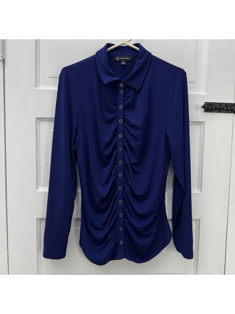 INC International Concepts Women’s L Sapphire Blue Ruched Snap Front Top
